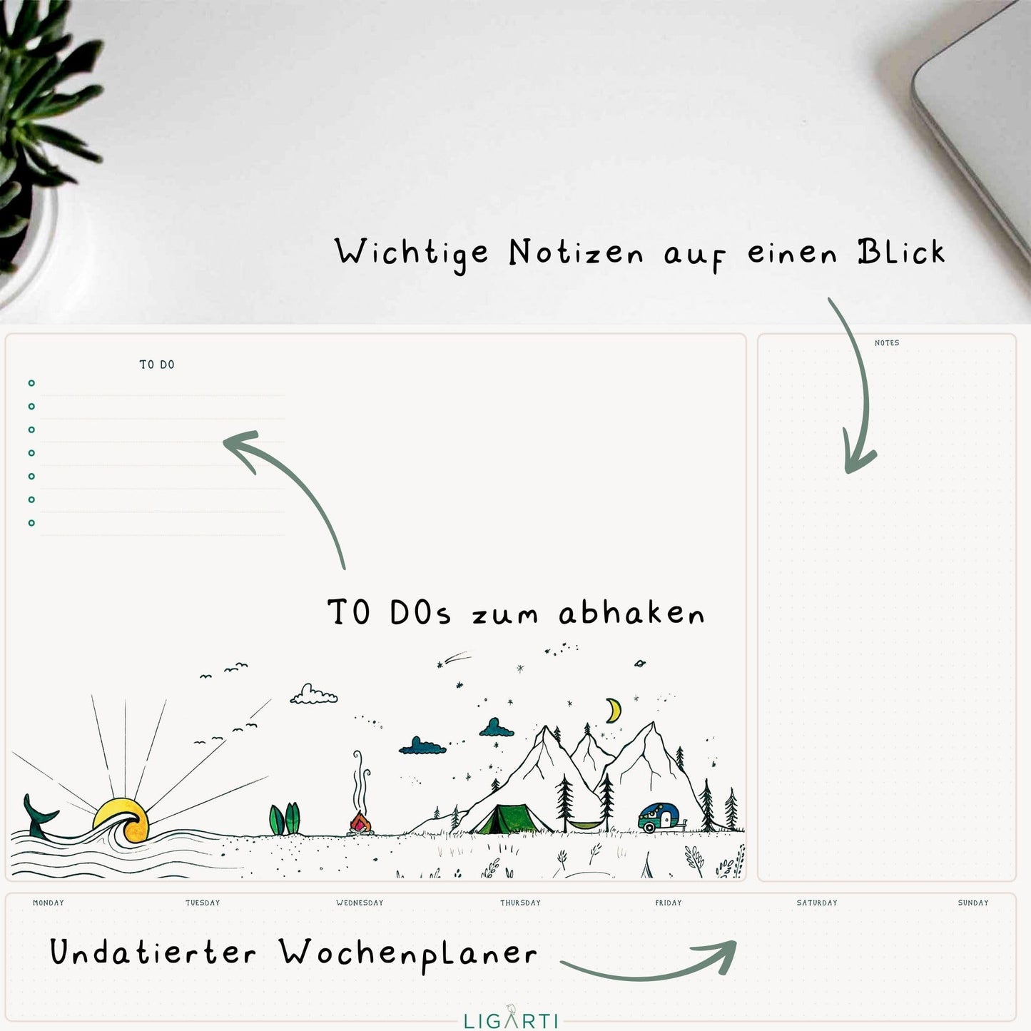 Ligarti Schreibtischunterlage Papier (100% nachhaltig) A3+ Wochenplaner Block mit To Do Liste und wechselnden Motiven - Weekly Planner undatiert, Schreibtisch Unterlage (AllStars)