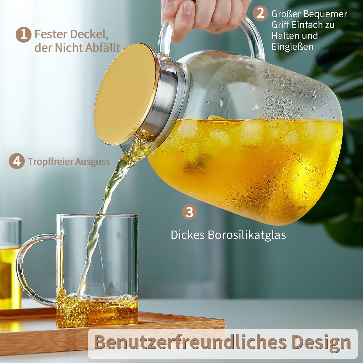 MESNEY Karaffe 2 liter, Wasserkaraffe, Glaskaraffe mit Deckel und Auslauf, Borosilikatglas Wasserkaraffe, Spülmaschinenfest, Getränkekanne für hausgemachten Eistee und Saft