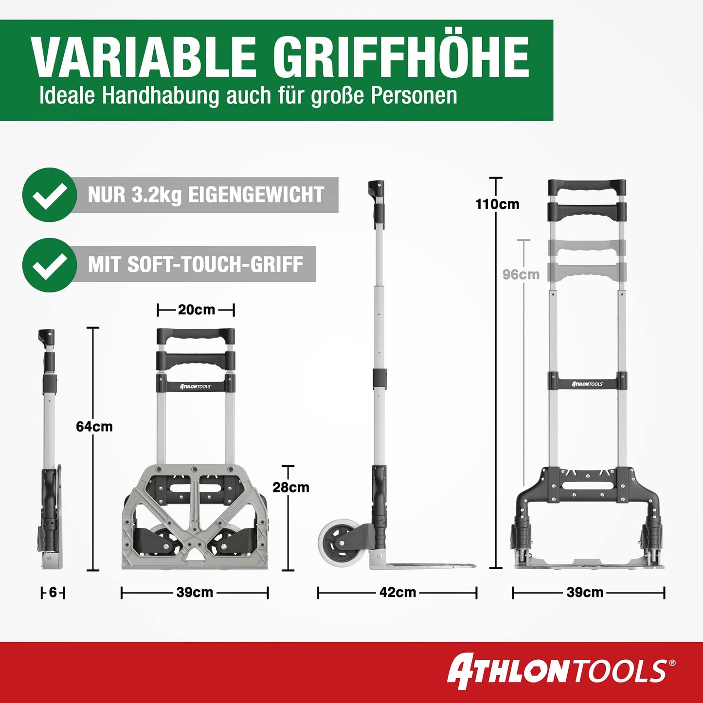 ATHLON TOOLS Aluminium Transportkarre klappbar - extra langer Teleskopgriff 110 cm - Ladefläche mit Anti-Rutsch-Pads - Leichtgängige Räder mit Soft-Laufflächen - inkl. 2 Expanderseilen - Modell 2024