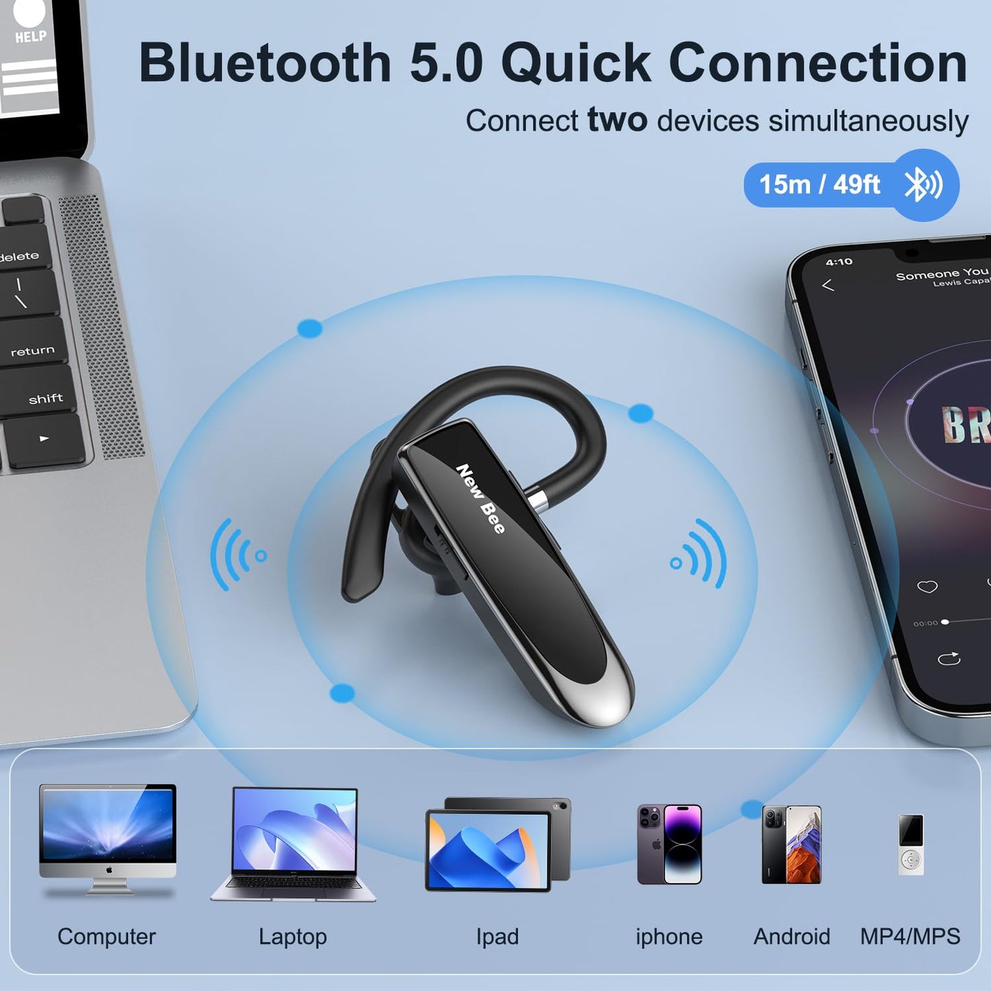 New Bee Bluetooth Headset Wireless Freisprech Telefon Bluetooth-Headset mit Mikrofon für iPhone Samsung Huawei mit 60 Tage Standby Schwarz