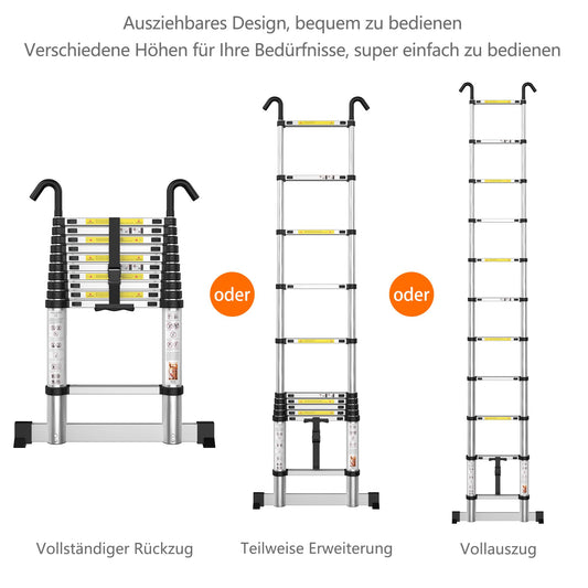 gymount Teleskopleiter 4,1 m, Leiter Ausziehbar mit Stabilisator und Abnehmbaren Haken, Alu-Klappleiter, Mehrzweckleiter, Stehleiter, Haushaltsleiter, Außenleiter, 150 kg Belastbarkeit