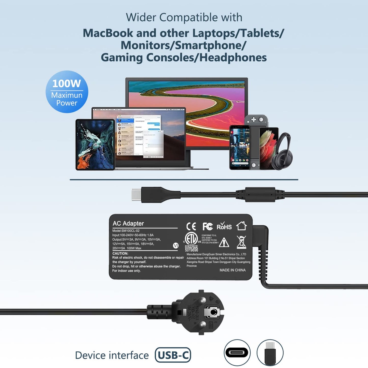 USB-C-Ladegerät, 100 W, Adapter für Mac Book Pro 16/15/14/13 Zoll, 2021/2020/2019/2018, Mac Book Air 13 Zoll, iPad Pro, Lenovo,DELL, HP, ASUS und alle USB-C-Geräte