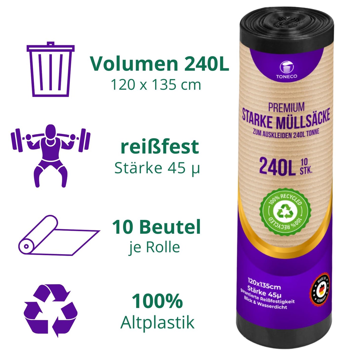 STARKE Müllsäcke 240L - Schwarz - für Städtische Restmülltonne -100% Recycelt - (10 bis. 300 Säcke) (20)