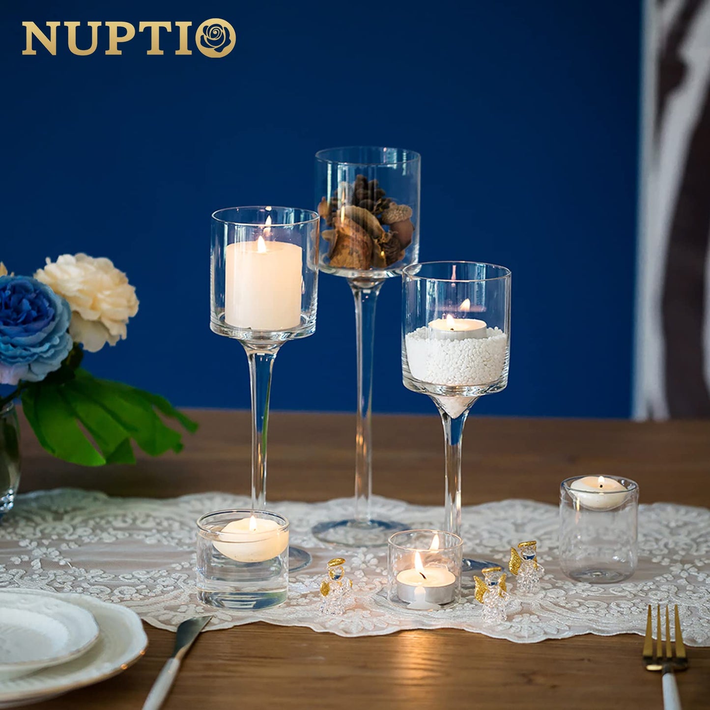 Nuptio Teelichthalter 3 Stück Glas Kerzenhalter für Teelicht & Schwimmkerzen Hohe Elegante Stumpenkerzenhalter für Hochzeit Party Tisch Weihnachten Tafelaufsätze Wohnzimmer Heimdekoration