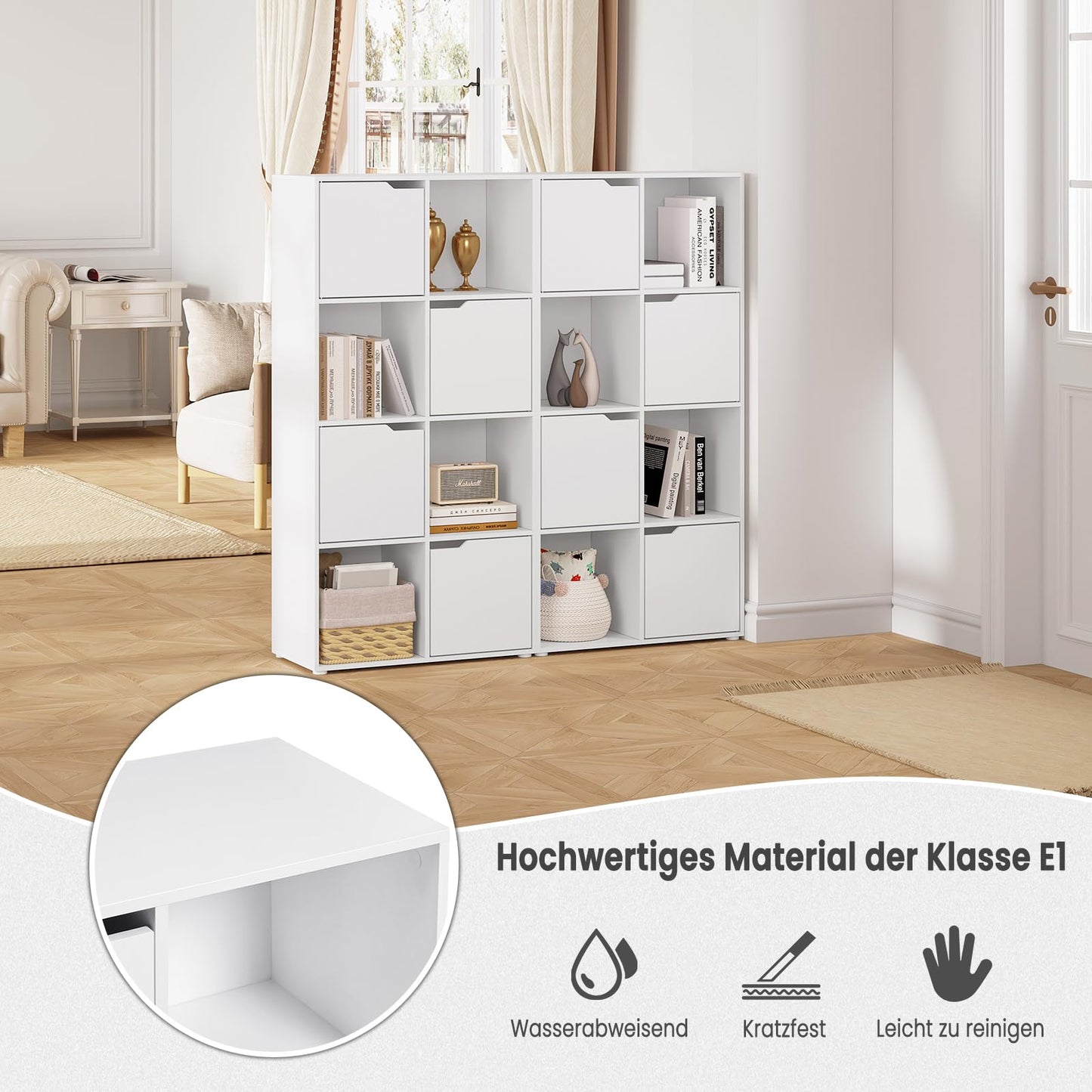 WOLTU 8-Fächer-Bücherregal, Weiß, Würfelregal mit 4 Türen, Kompaktes Standregal für Wohnzimmer, Schlafzimmer und Büro, 60x120x30 cm