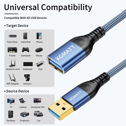 XGMATT Verlängerung Kabel 2 Stück 3M,USB 3.0 Verlängerungskabel A Stecker auf A Buchse mit Nylon Stoffmantel,5Gbps ultraschnelle Übertragung für Kartenlesegerät,Tastatur, Drucker, Scanner, Kamera