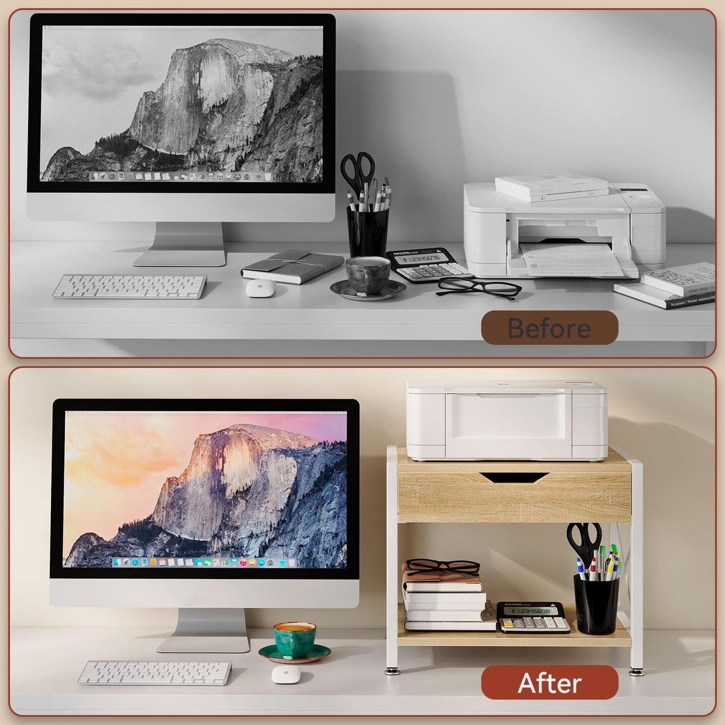 IBUYKE 2 Tier Desktop-Drucker Stand, Mehrzweck-Schreibtisch-Organizer, hölzerne Drucker Stand mit Schublade Lagerung für Ordner, Bücher, für Faxgerät, Scanner, Home Office TLJ012R