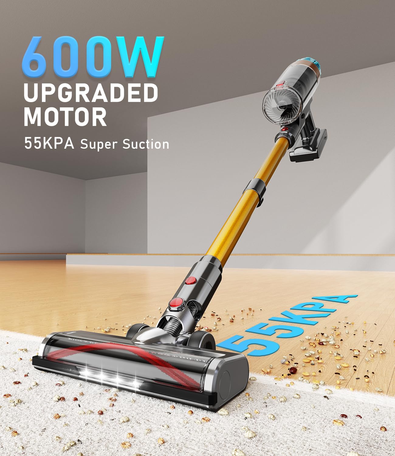 Akku Staubsauger Kabellos 55Mins Laufzeit, Wandmontierte Ladestation, Akkustaubsauger Cordless Vacuum Cleaner mit Smart Display Anti-Verhedderung-Bürste für Teppich Hartboden Tierhaare