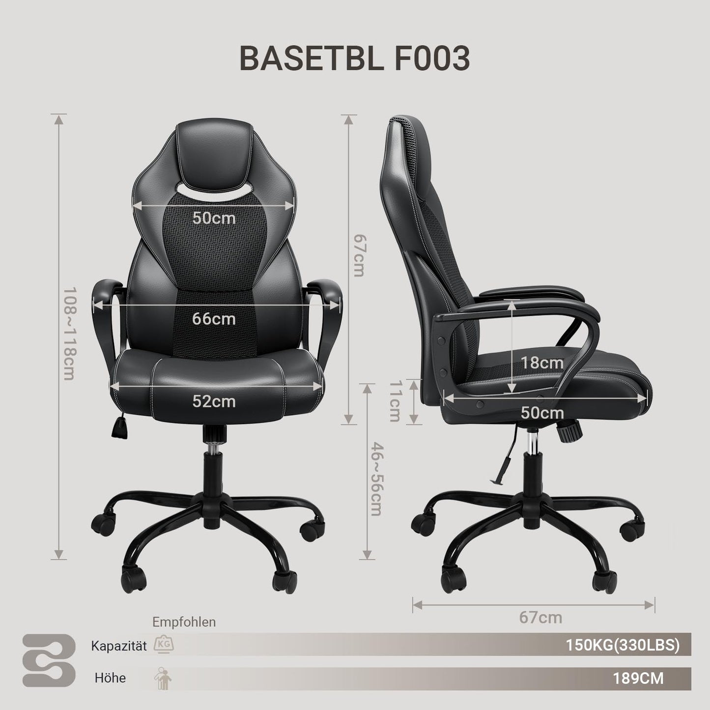 BASETBL Bürostuhl Chefsessel 150kg Schreibtischstuhl, Bürosessel Office Chair Gaming Stuhl, Bürostühle ergonomisch PU Leder, PC Stuhl Drehstuhl Hat weiche gepolsterte Armlehnen, Wippfunktion, schwarz