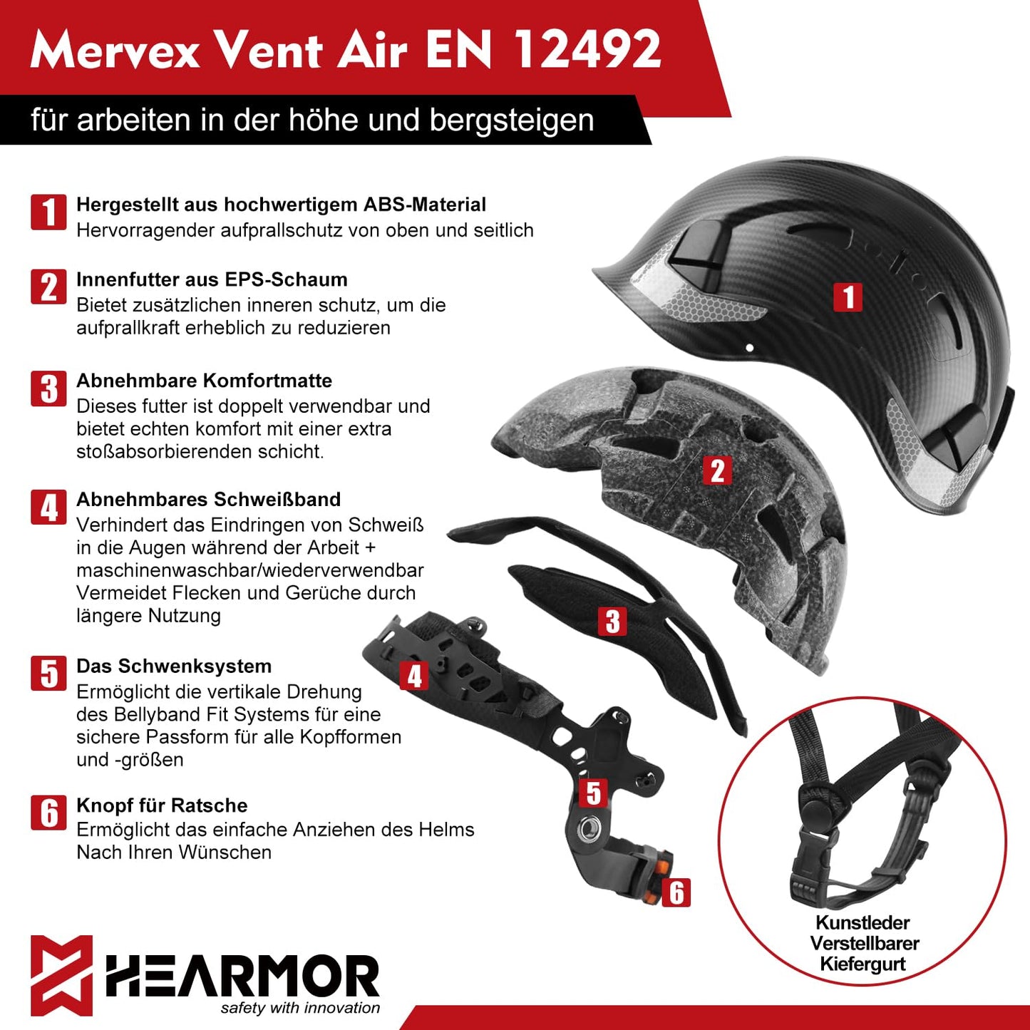 HEARMOR bauhelm mit Visier bauhelme Erwachsene ABS schutzhelm Bergsteiger Helm arbeitshelm Herren EN397 und EN12492 Stoßdämpfung Eindringfestigkeit Angefügt Visiere in transparent oder Smoke