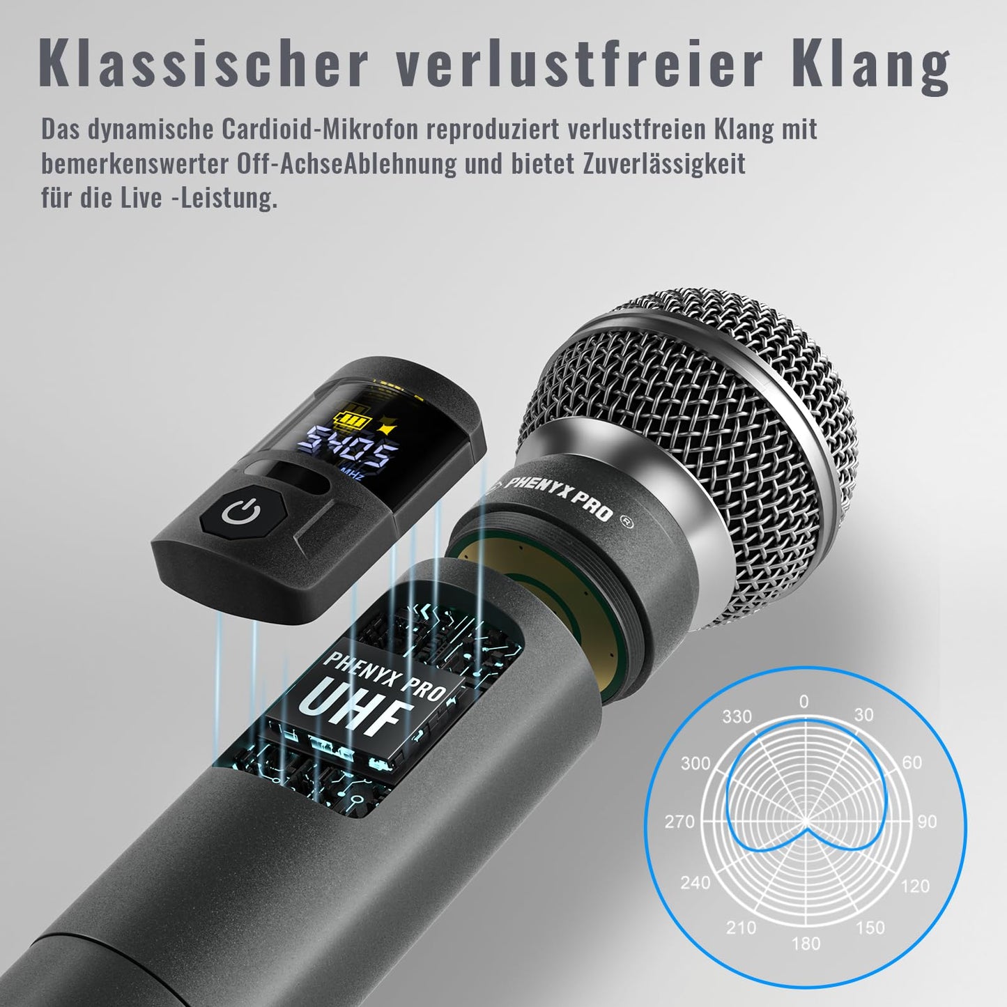 Phenyx Pro Mikrofon Drahtloses Mikrofonsystem mit Koffer, kabelloses Handmikrofon-Set für Gesang, Karaoke, Kirche, 2x30 UHF einstellbare Frequenzen, 200ft Reichweite (PTU-52)