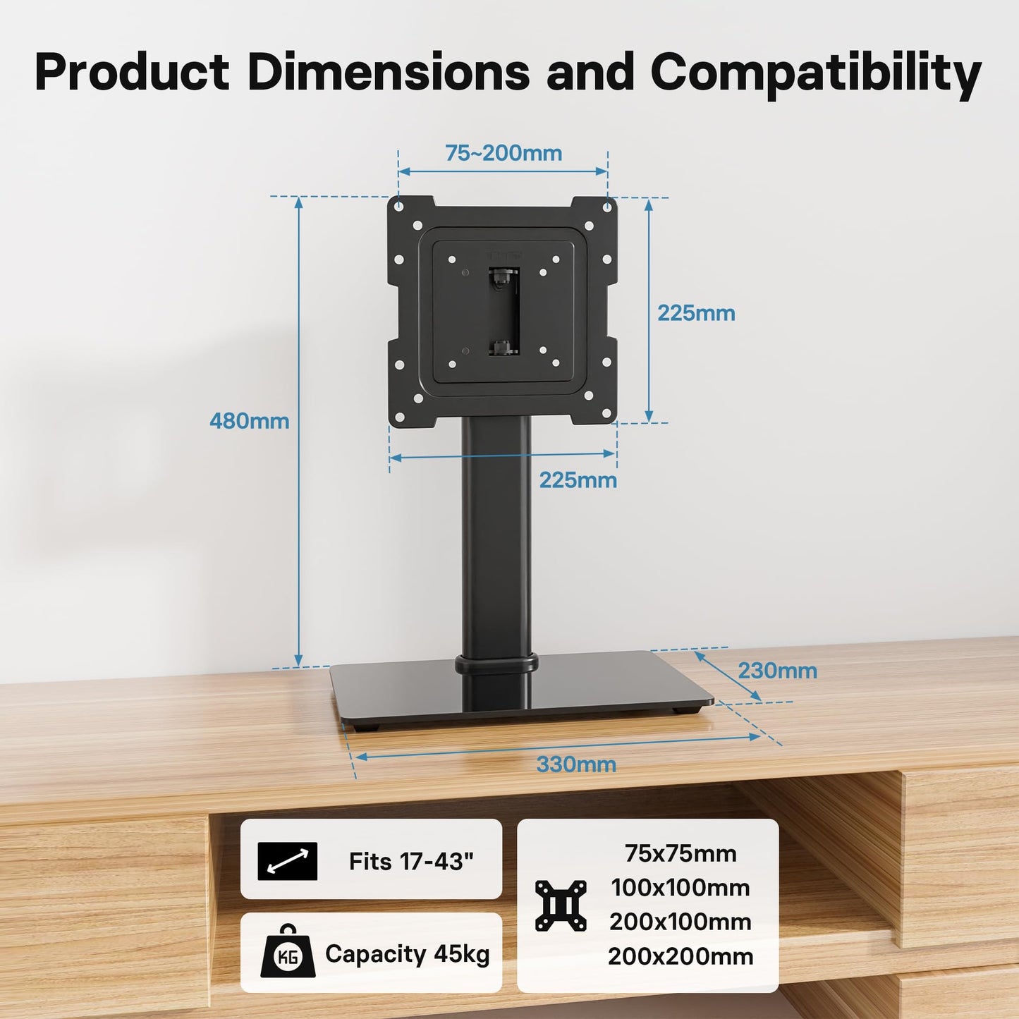 BONTEC TV Standfuss Monitor Standfuss für 17-43 Zoll LCD LED OLED Plasma Flach & Curved Fernseher & Monitor bis zu 45 kg mit 50 Grad Drehgelenk, 3 Stufig Höhenverstellbar, Max VESA 200x200