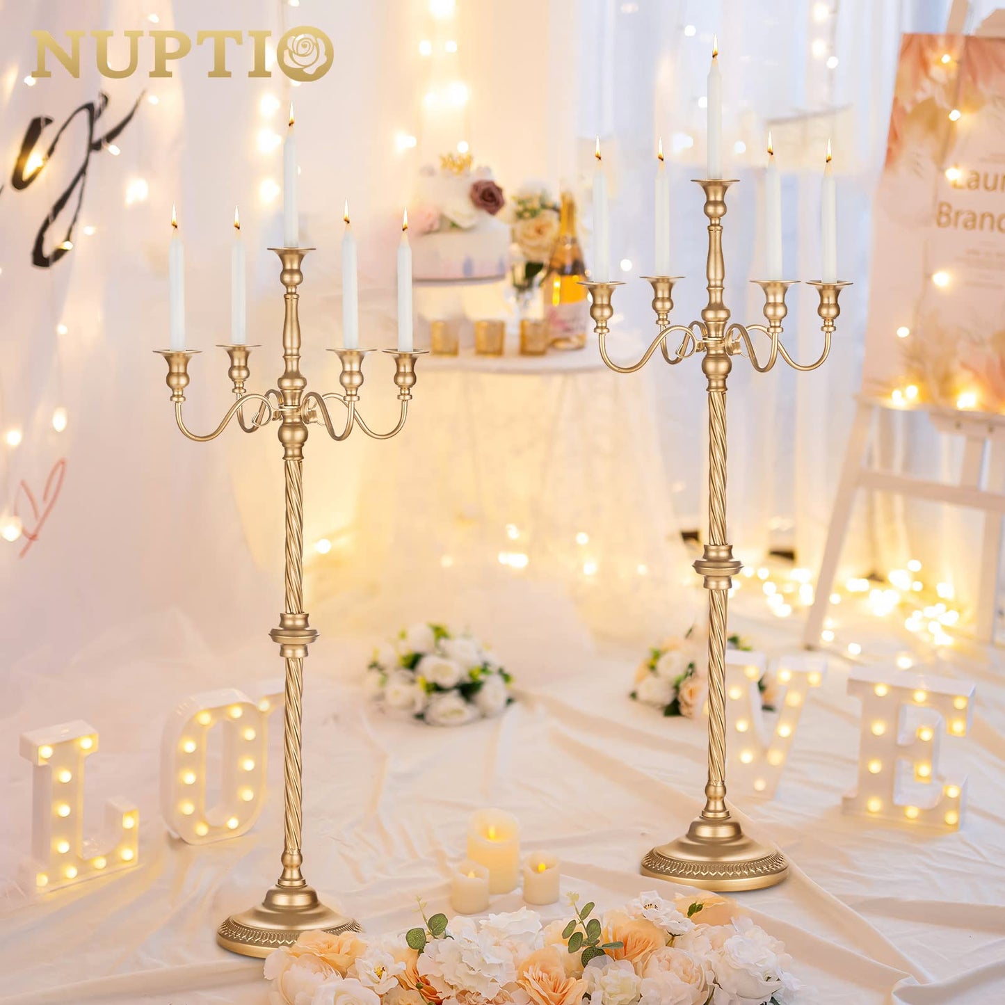 Nuptio Kandelaber Kerzenständer 5 Armig: 88cm Satz von 2 Kerzen Ständer Halter hoch, Gold Metall Kandelaber Kerzenhalter Retro für Home Hochzeit Weihnachten Halloween Geburtstag Jahrestag