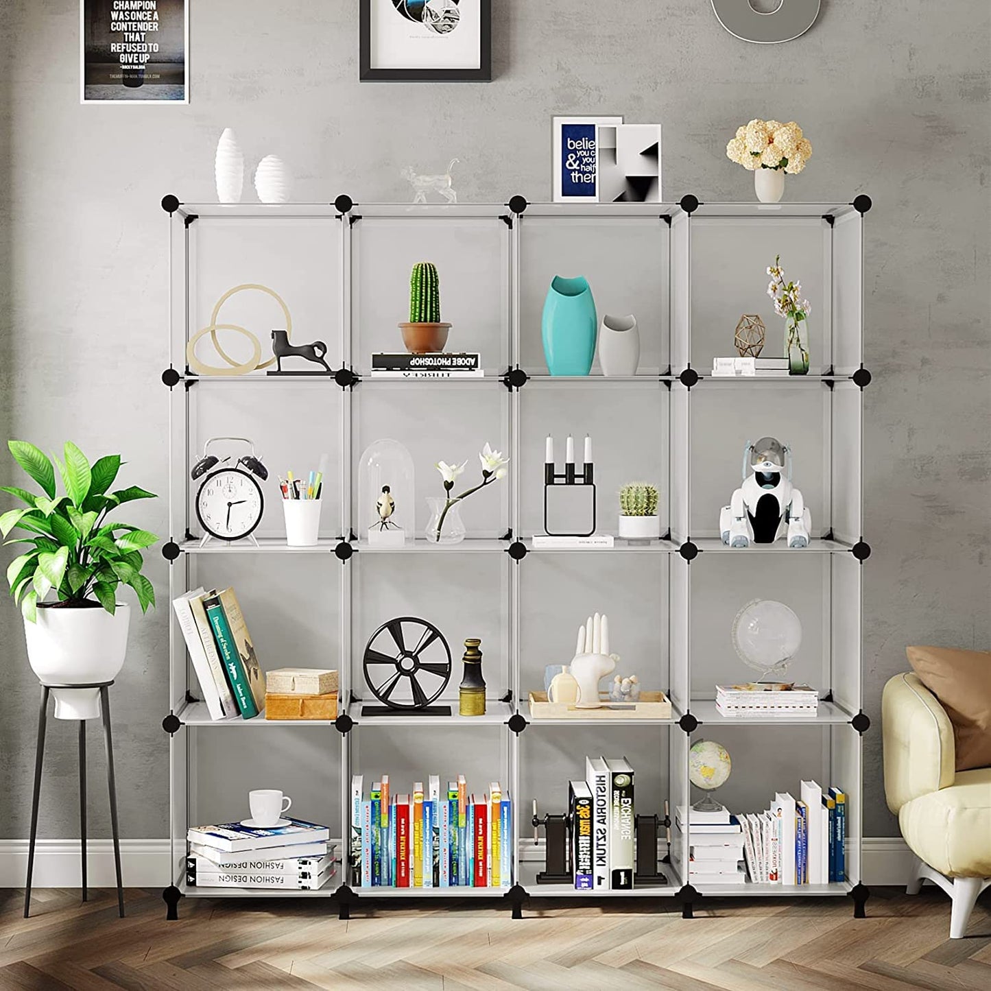AWTATOS Kleiderschrank mit 16 Würfeln, Storage Shelves, DIY Regal Würfel, PP Steckregal Kunststoff, Kinderregal, Spielzeugregal, Faltschrank, Shelves, Standregal, Weiß ULPZ016