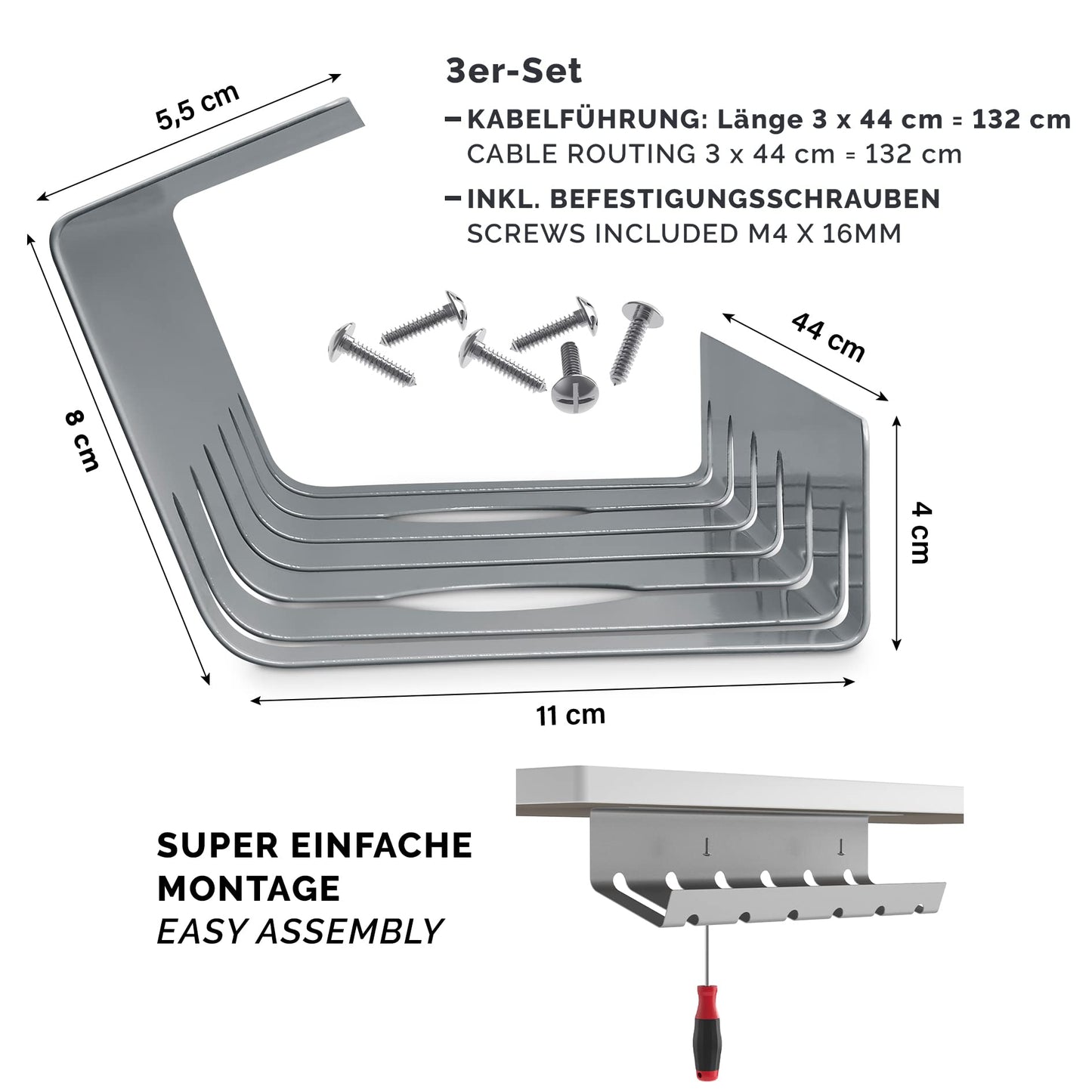 PAMO Kabelkanal Schreibtisch 3er Set zur einfachen Montage untertisch I inkl. 10x Klett Kabelbinder und Kabel-Clips I Schreibtisch Organizer für Büro/Home Office Tisch