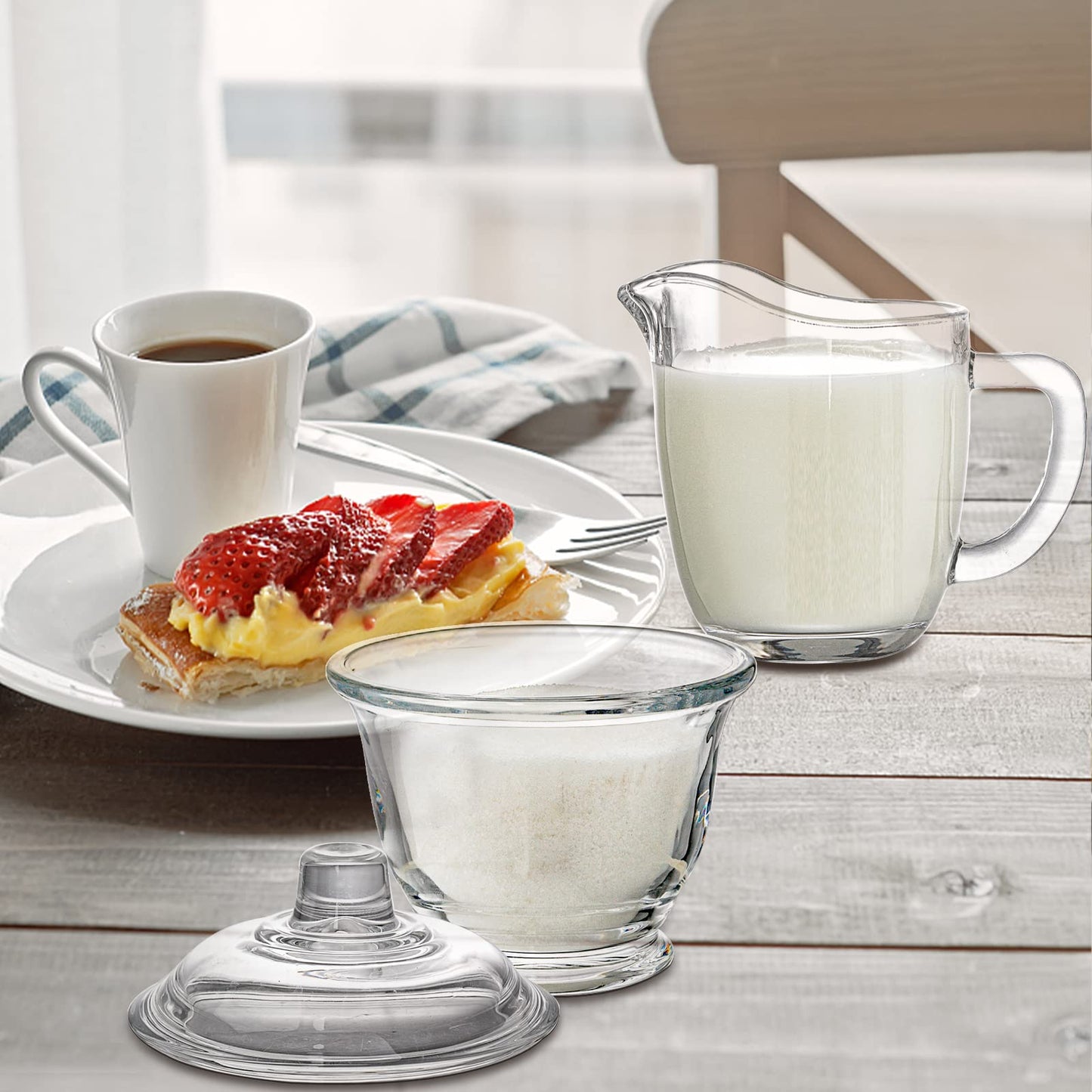 Nicunom Glas Milch und Zucker Set, Transparent Zuckerdose mit Deckel, Tee- oder Kaffeeservice-Set mit Sahnekännchen, 200 ml