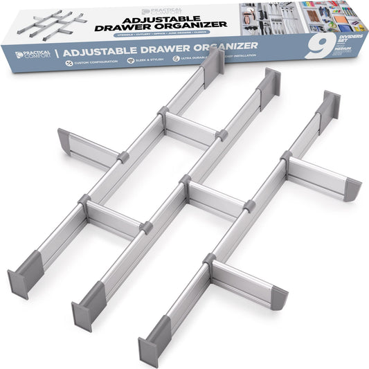Schubladen-Organizer, Verstellbarer Schubladeneinsatz aus Aluminium für Clutter-Freie Küche, Schubladen, Büro, Klinik, Set aus 9 Trennelementen (3 lang + 6 kurz) 44.5-50 cm tief |VERBESSERT