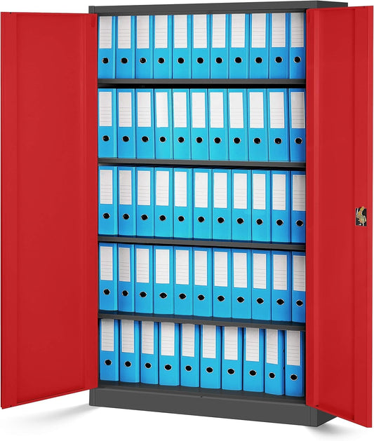 Jan Nowak Metallschrank Jan II 185 x 115 x 40 cm – abschließbarer Aktenschrank mit 5 Ebenen, Anthrazit-Rot