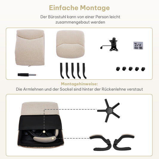 eSituro Bürostuhl ergonomisch, Schreibtischstuhl, Chefsessel 150 kg, Drehstuhl mit Rollen, hochklappbare Armlehnen, Sitzfläche aus Stoff, Beige