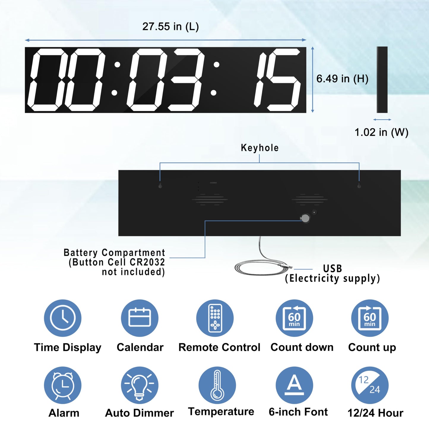 CHKOSDA Digitale Wanduhr, Übergroße LED-Digitaluhr mit automatischem Dimmer, großer Countdown-Timer mit Fernbedienung, 27in breites LED-Display, Wandhalterung, Datum und Temperatur (weiß)