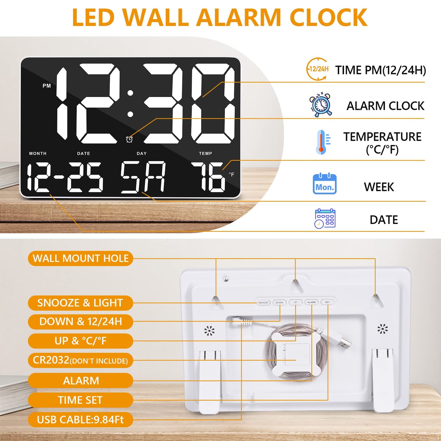 SZELAM Digitaluhr Großes Display,11,5" Digitaler Kalenderwecker mit Funkfernbedienung,LED Übergroße Wanduhr mit Datumstemp.12/24H,Snooze Wecker für Zuhause Schlafzimmer Büro Gym