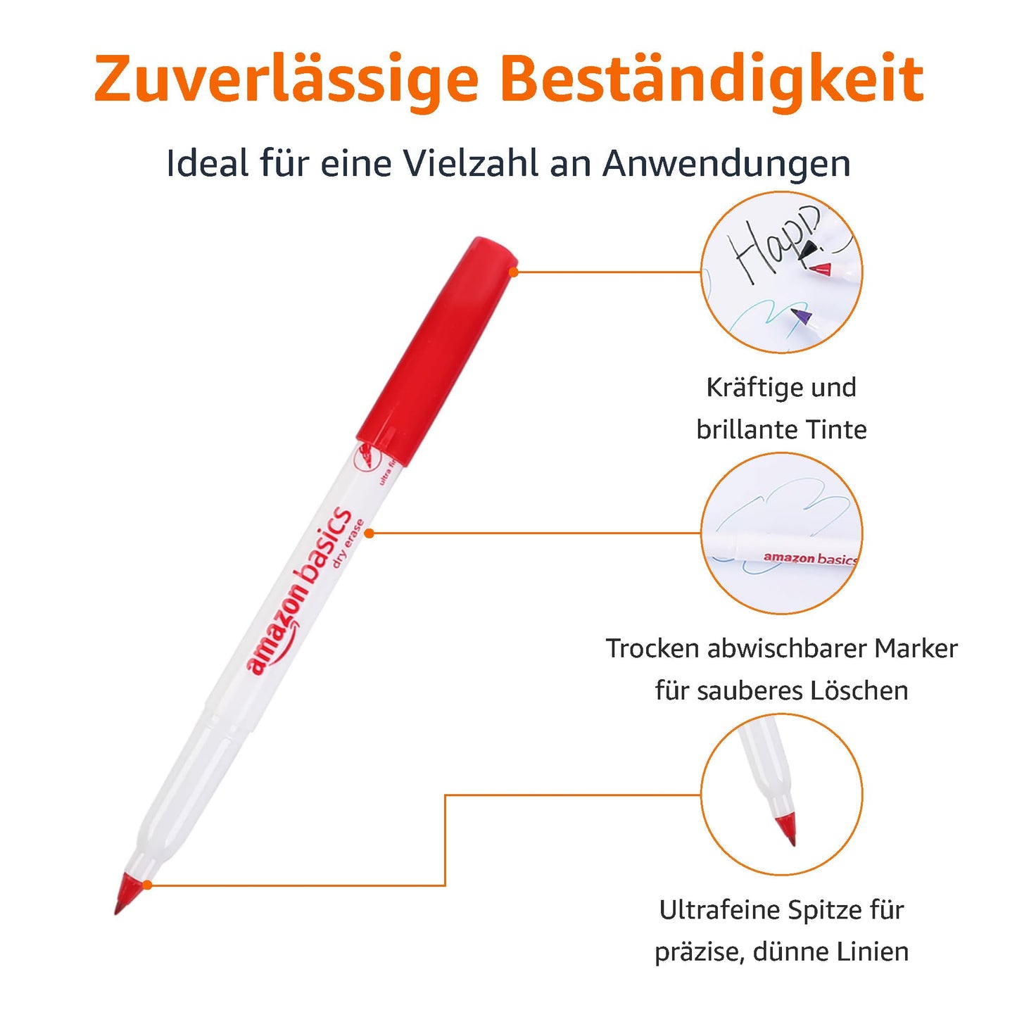 Amazon Basics Whiteboard-Marker, geruchsarm, ultrafeine Spitze, trocken abwischbar, Bunt, 12 Stück