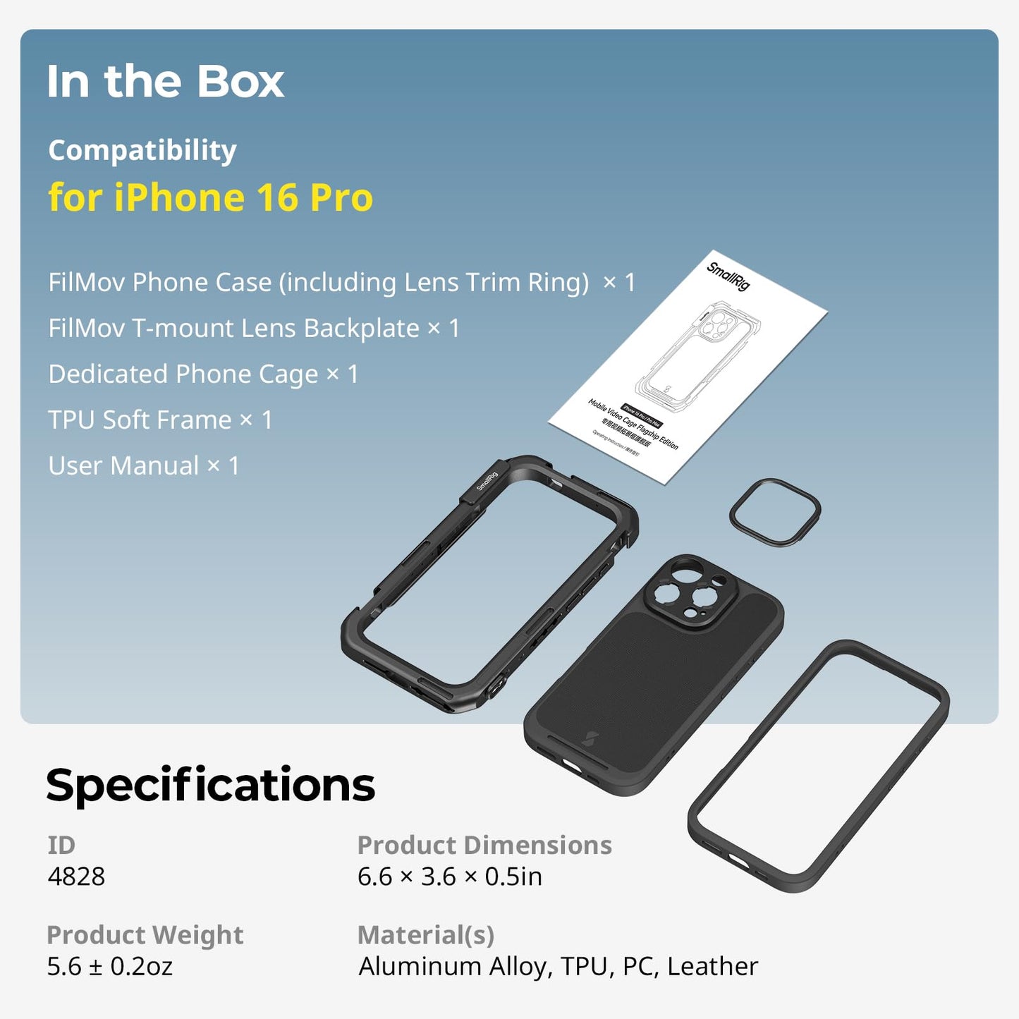 SMALLRIG Mobile Video Cage für iPhone 16 Pro, Telefonkäfig mit Telefonhülle mit T-Mount-Objektivrückplatte, Unterstützung für MagSafe, Schnellverschluss-Telefonvideo-Rig für Videografie, – 4828