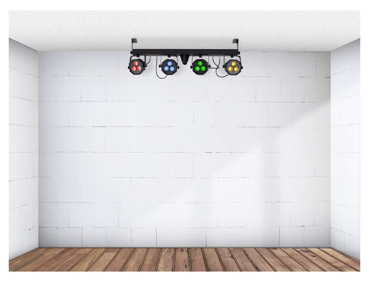 Showlite LB-427 LED RGB Lichtanlage - vier PAR-Spots mit je 3 St. 9W LEDs - steuerbar via DMX 512, Wireless-Fußpedal oder manuell, inkl. Transporttasche und Fußfernsteuerung