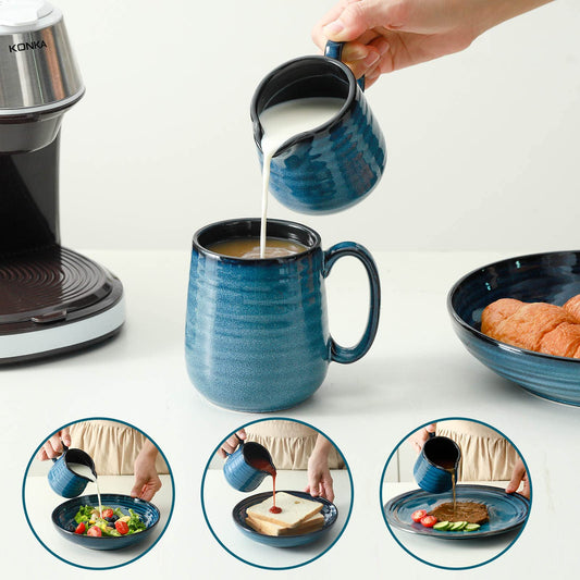 Hasense Porzellan-Zucker- und Milchkännchen-Set, 325 ml Zuckerdose mit Deckel und Löffel, 284 ml Sahnekrug, Bauernhaus-Kaffeesets zum Servieren, spülmaschinenfest (blau)