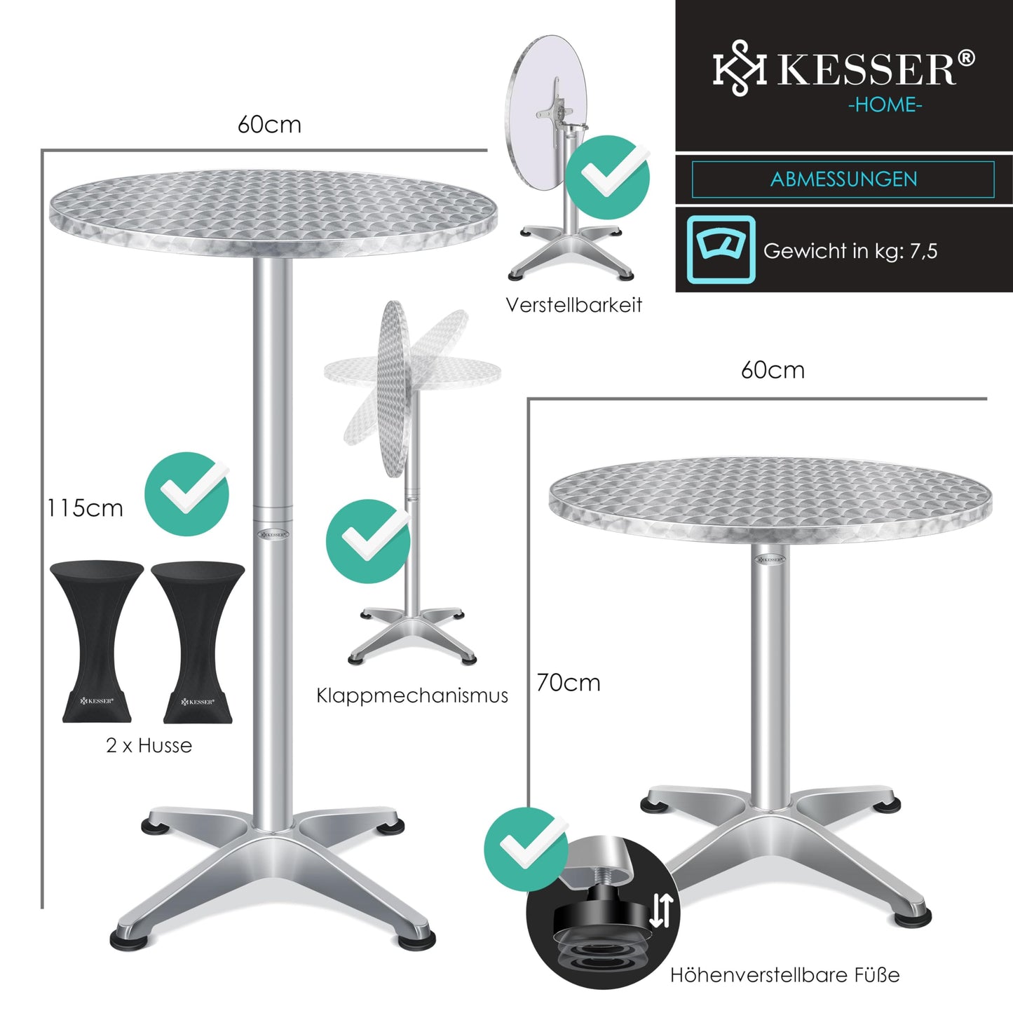 KESSER® 2in1 Stehtisch klappbar Bistrotisch 2er Set | Aluminium Edelstahlplatte | höhenverstellbar 70cm / 115cm | Partytisch Tisch Ø 60cm | In- & Outdoor Empfangstisch | Klapptisch mit Cover Silber
