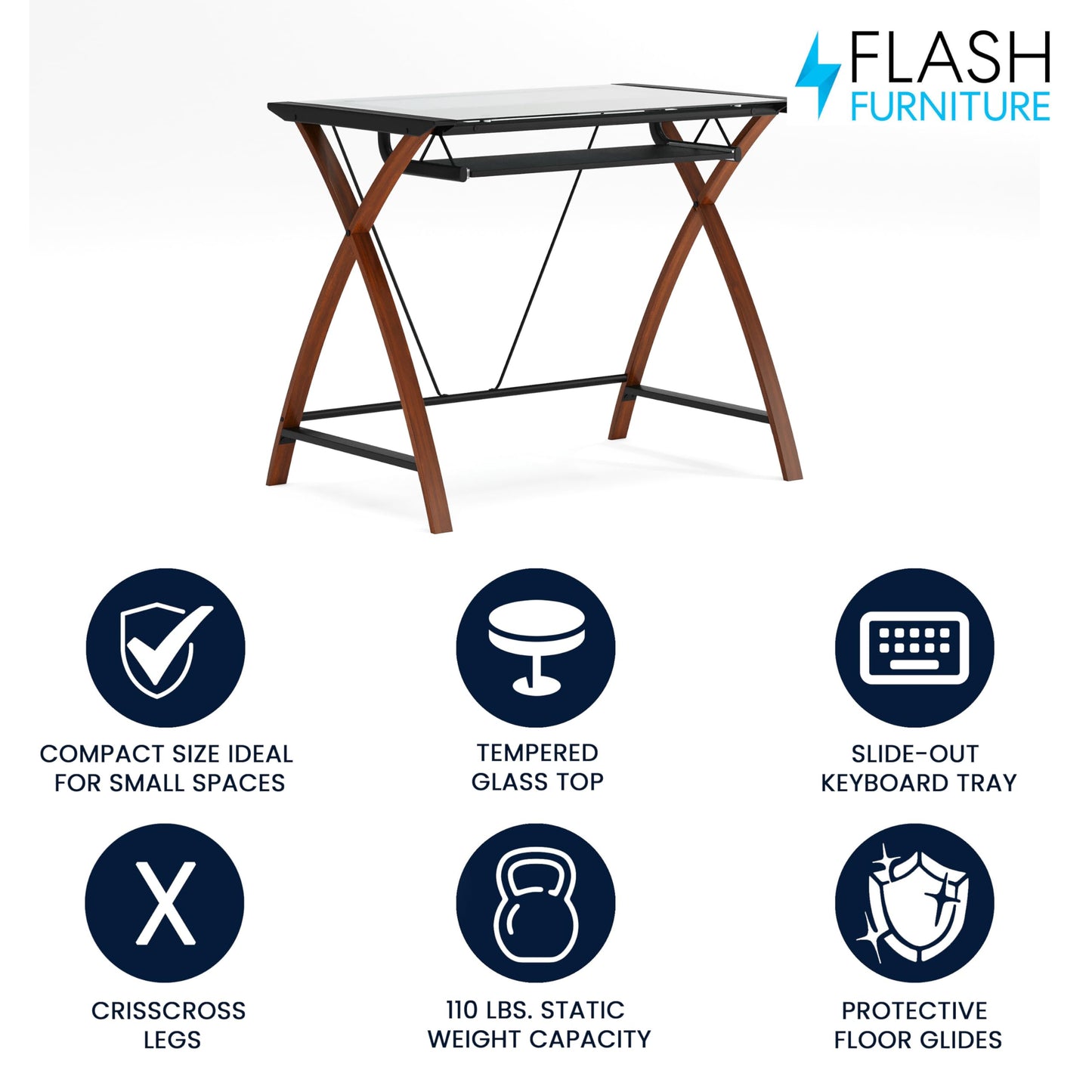 Flash Furniture Schreibtisch mit Glasplatte & Kirschholzgestell, 99×59×73 cm
