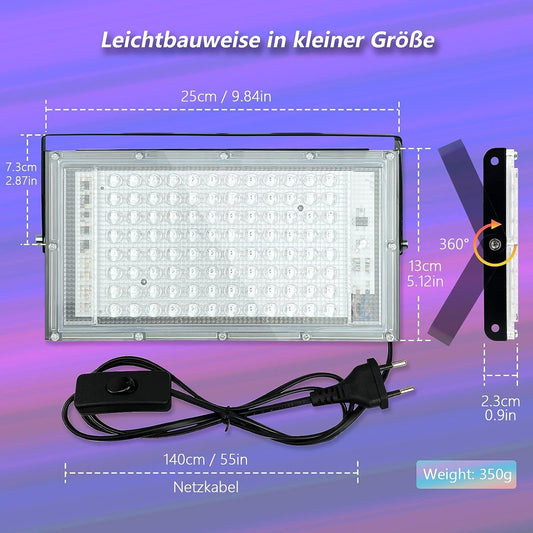 Glostars 100W LED UV Schwarzlicht Strahler, Schwarzlichtlampe, IP66 Wasserdicht, 395-400nm UV Partylicht mit Schalter für Bar, Partyzubehör, Schwarzlicht Deko, Bühnenbeleuchtung (1 Packung