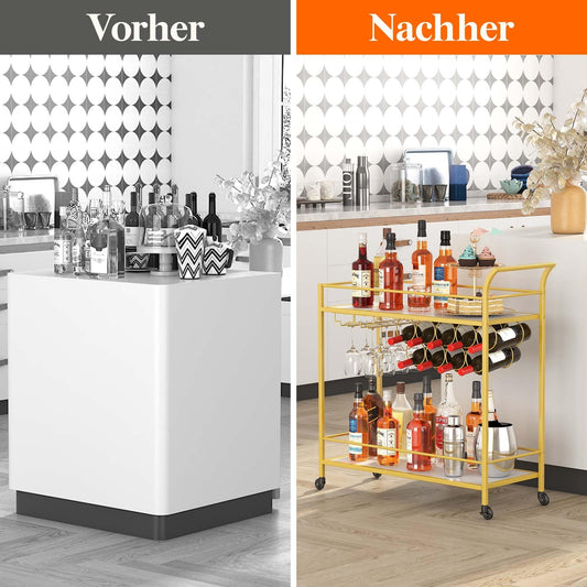 Lifewit Servierwagen mit Rollen, Küchenregal, 2-stöckiger Barwagen mit 9 Weinflaschenregalen, Küchenwagen für Esszimmer, Wohnzimmer, Innenbereich, 80 x 33,2 x 87,8 cm, Gold