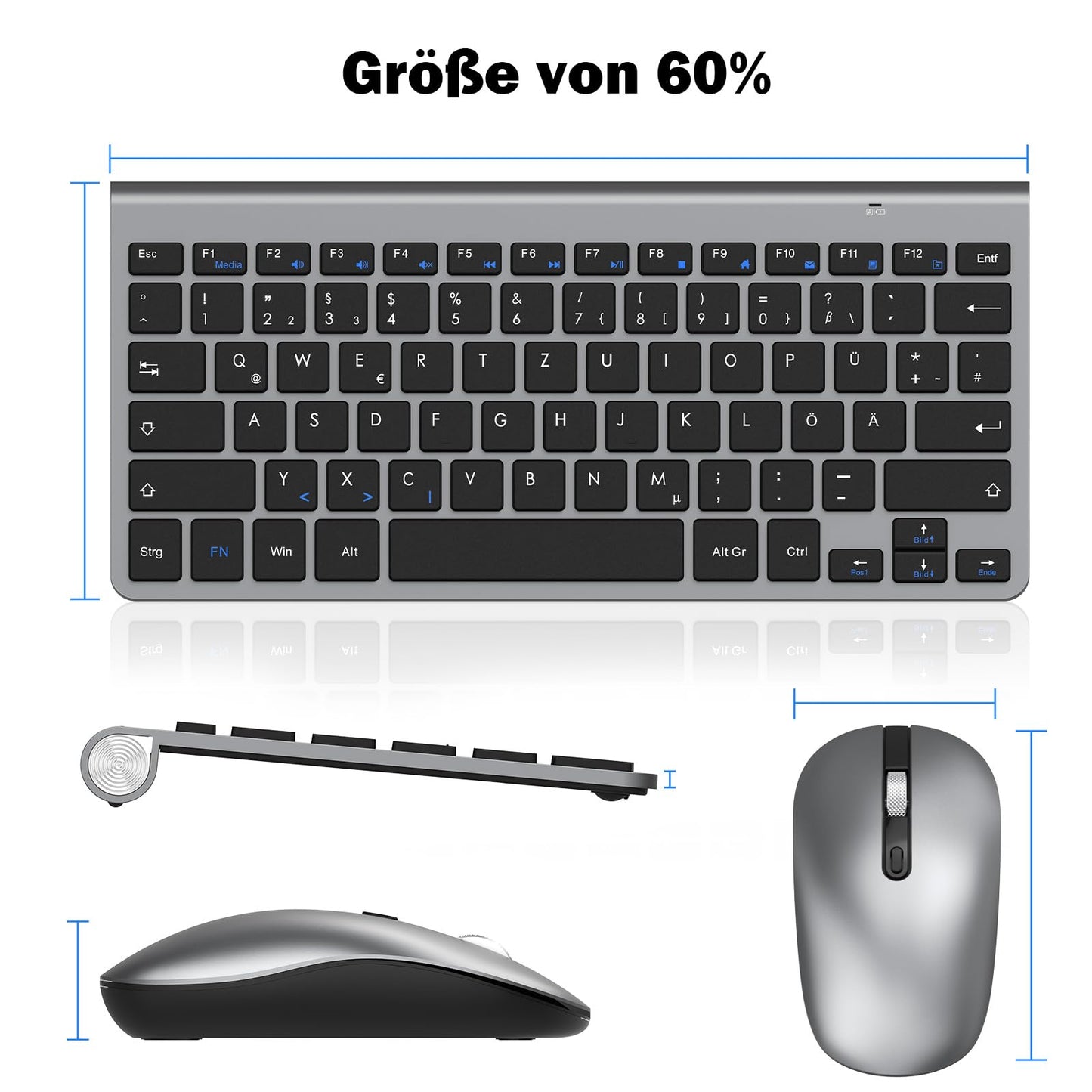 PINKCAT Kabelloses Tastatur Maus Set kabellos 2.4G Kabellose Kompakte Tastatur mit Funkmaus für Laptop, PC und Smart TV Deutsches QWERTZ Layout(Grau&Schwarz)