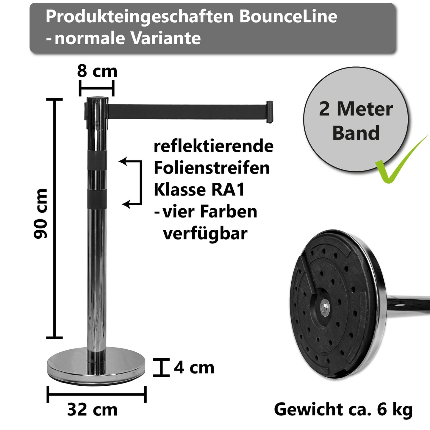 UvV BounceLine Personenleitsystem, Absperrpfosten, Edelstahl, 2 Pfosten 90 cm Hoch je 2 m Gewebeband (Stahl-6 kg (Basic), blau)
