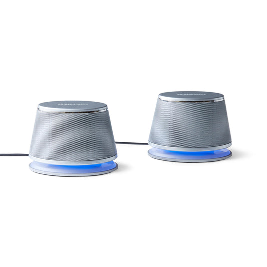 Amazon Basics Stereo-2.0-Lautsprecher für PC oder Laptop, 3,5-mm-AUX-Eingang, USB-Stromversorgung, 1 Paire, Silber