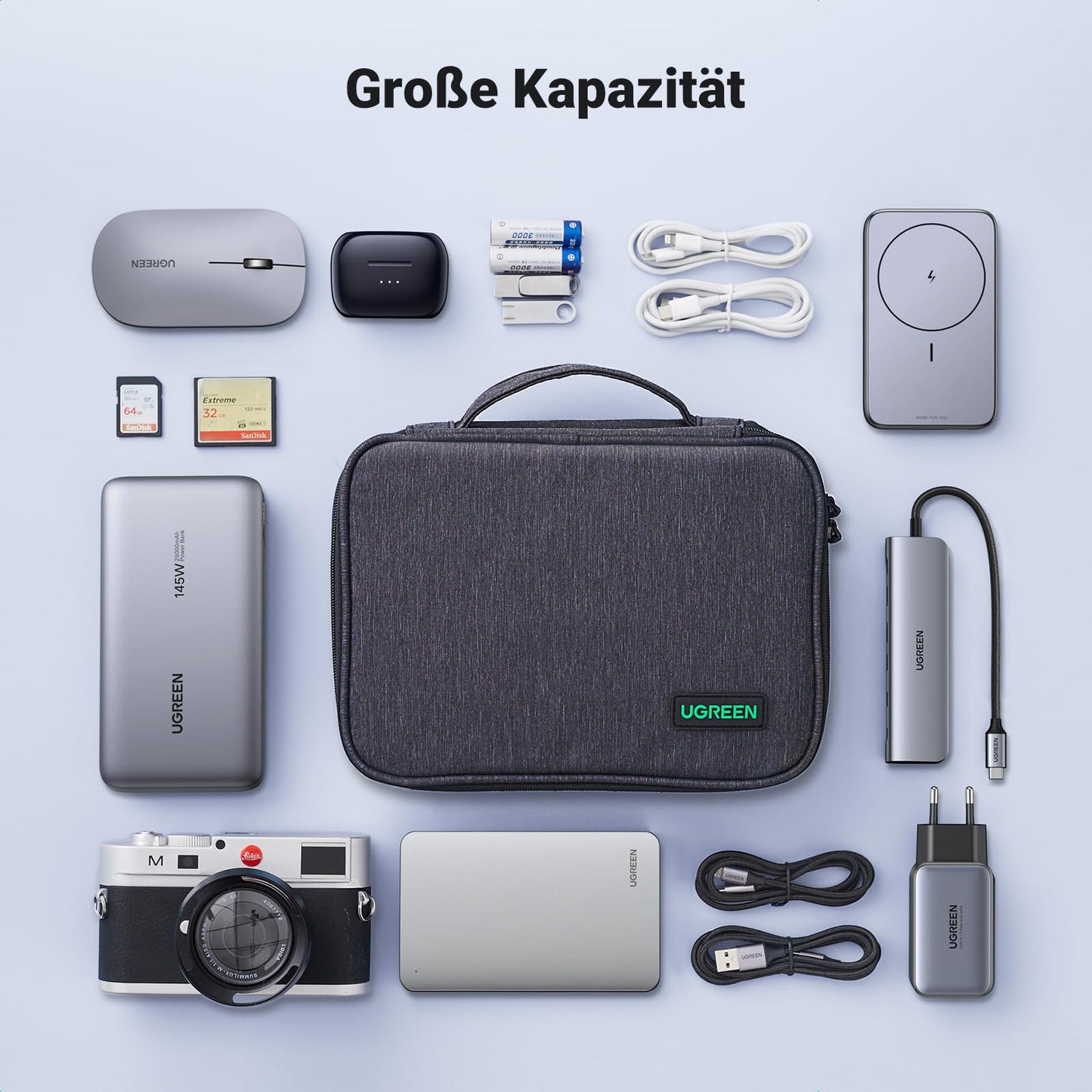 UGREEN Elektronik Reise Kabeltasche universal Travel Cable Organizer Electronics Accessories Case 2 Schicht große Elektronische Zubehör Tasche für Kabel, Ladegerät, Powerbank, Tablet