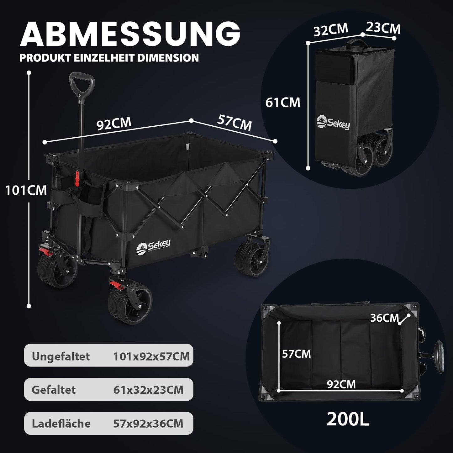 Sekey XXL Plus Bollerwagen Faltbar mit Bremsen 200L 200KG Belastbar, Extra Breite Reifen All Terrain Bollerwagen, Patentiert Zusammenfaltbar aus Vier Richtungen, XXL-PlusB 4011, Schwarz
