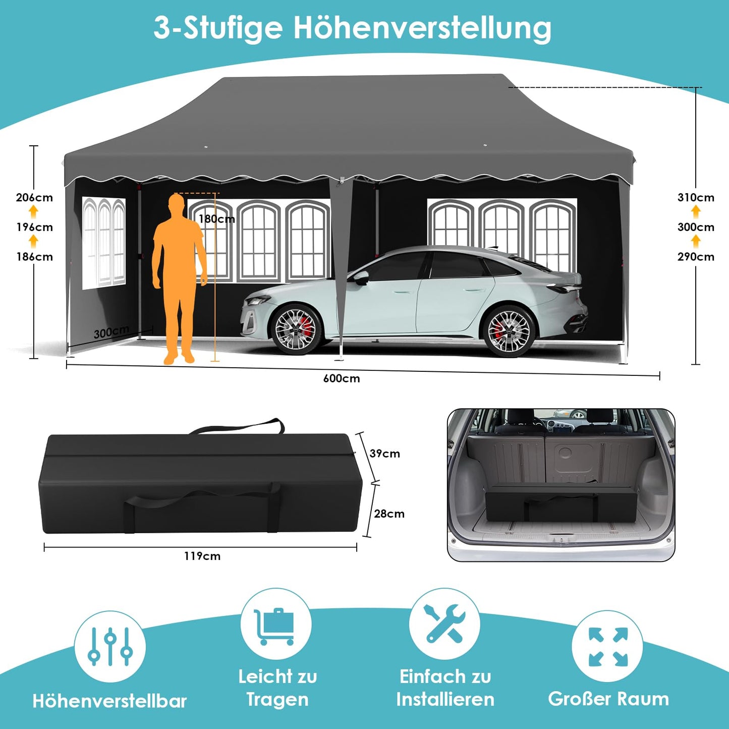 Pavillon 3x6 mit 6 Seitenwänden, Faltpavillon 3x6 Wasserdicht Stabil Winterfest, Faltbar Partyzelt 3x6,UV Schutz 50+ Gartenpavillon,6 Sandsäcke 12 Erdhaken,für Markt,Hochzeiten,Patio (Grau)