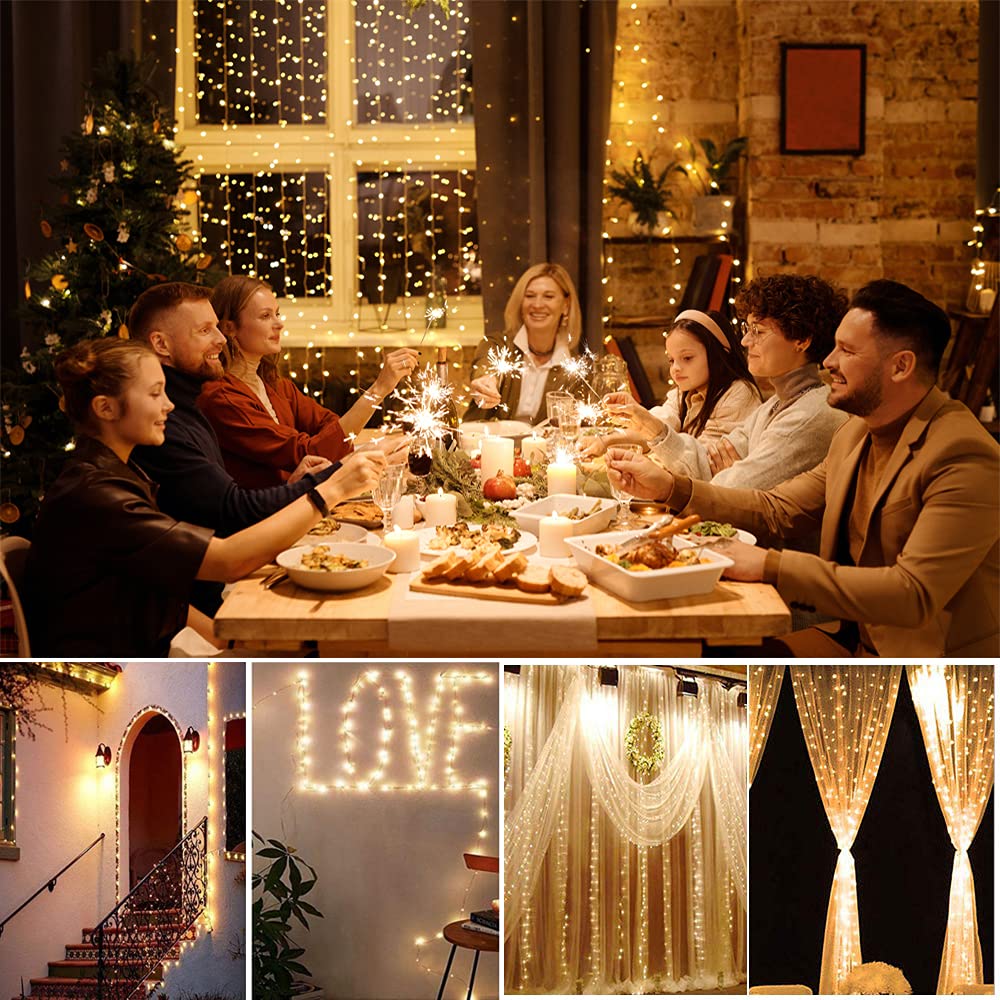 Yizhet Lichtervorhang 3x3m LED Lichterketten Vorhang LED Lichterkettenvorhang mit 8 Modi, IP65 Wasserdicht Lichtervorhang Innen Außen Deko für Hochzeit,Party,Weihnachten,Terrasse (300LED, Warmweiß)