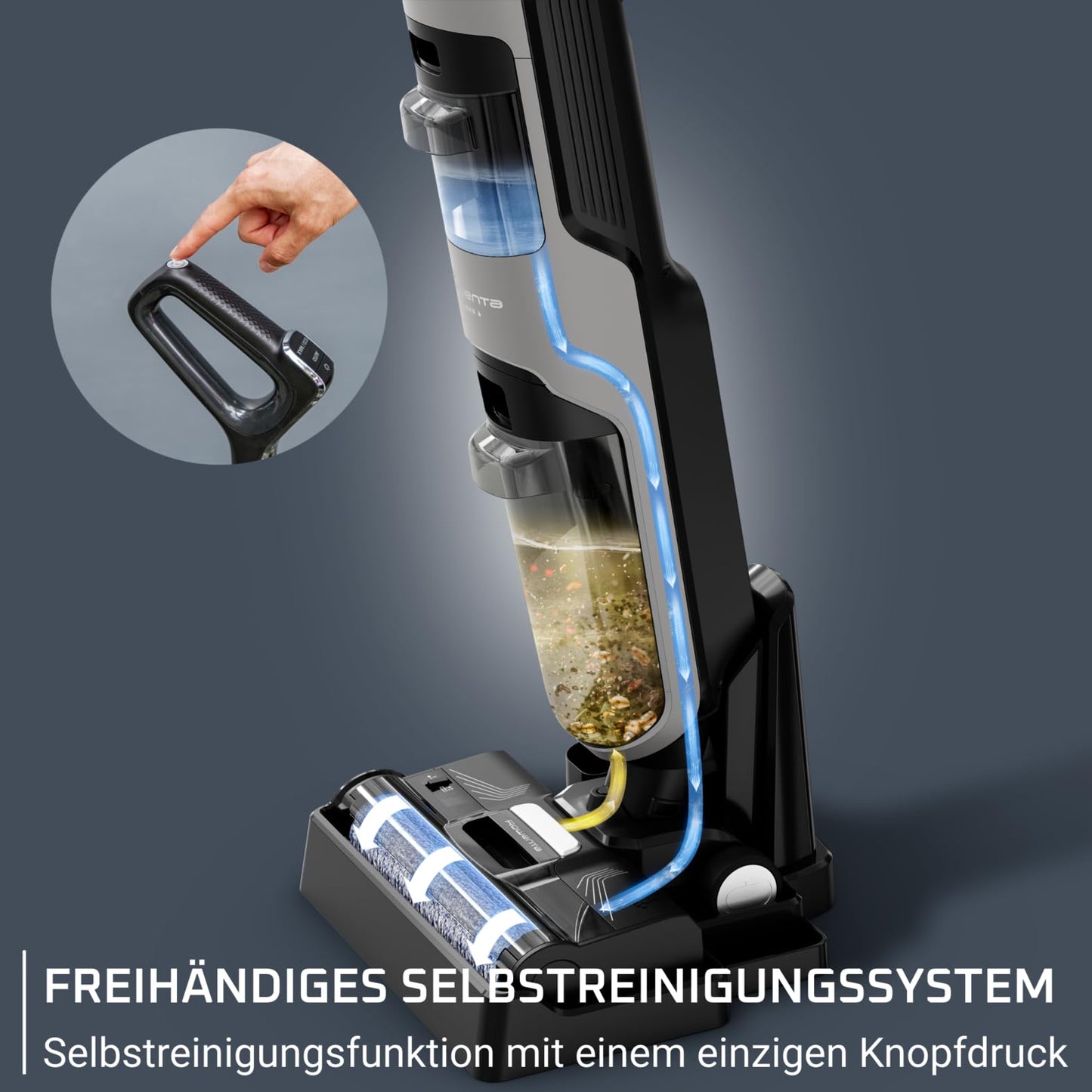 Rowenta X-Clean 4 kabelloser Nass-und Trockenstaubsauger, Selbstreinigungsfunktion, Nass Trockensauger 50min Laufzeit, automatische Schmutzerkennung, Nasssauger mit smartem LED Display, grau GZ5036WO