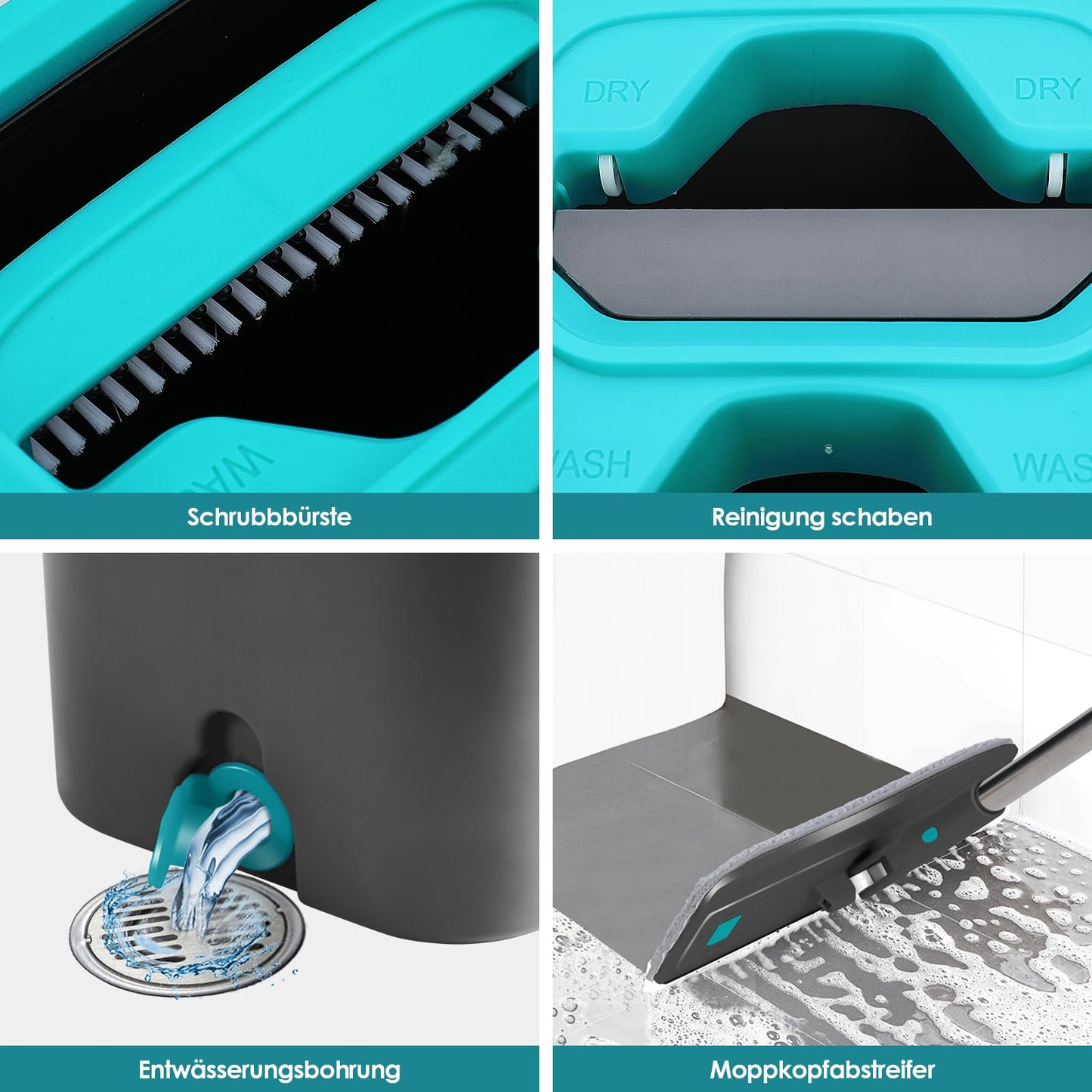 Myiosus Wischmopp Set mit Eimer, Bodenwischer, Flach Wischer Boden mit 140 cm Edelstahlgriff, 2 in 1 Putzeimer mit Wischmop, 360° Drehung, Mikrofaser Wischer mit Auswringfunktion für Alle Böden-6 Pads