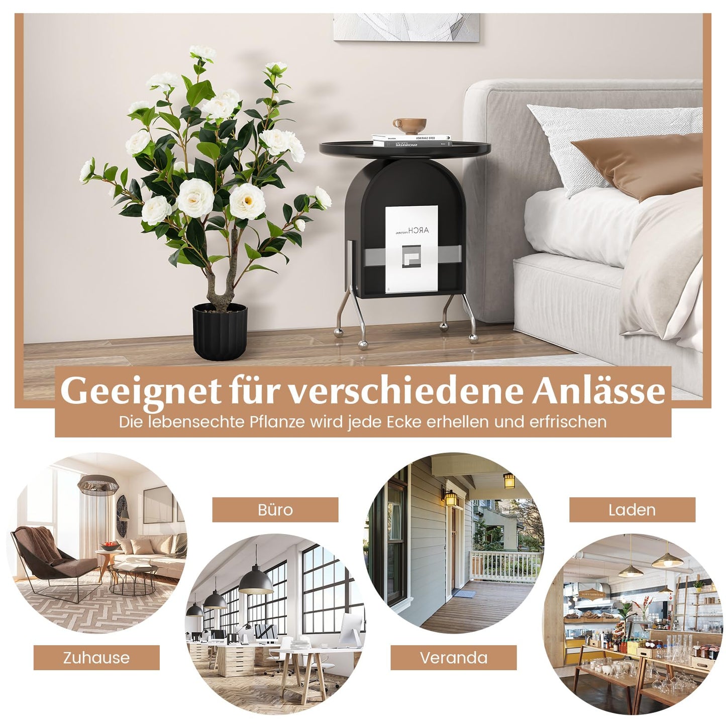 COSTWAY 2er Set Kunstbaum mit Blüten 95cm, Künstlicher Kamelienbaum, Kunstpflanze im Topf, Kamelienpflanze mit 24 Blüten & natürlicher Stamm, Kunstblume Zuhause, Zimmerpflanze Dekopflanze (2, Weiß)
