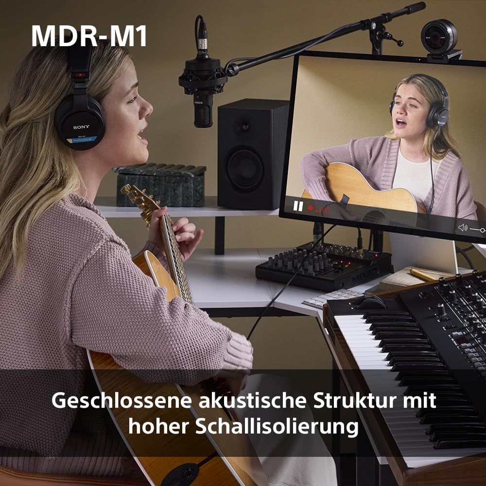 Sony MDR-M1 Studio-Kopfhörer mit geschlossenem Rücken - kabelgebunden, Ultra-Breitband-Wiedergabe (5Hz-80kHz), ideal für Studioaufnahmen und -abmischungen, leicht (216g), 2 abnehmbare Kabel, schwarz