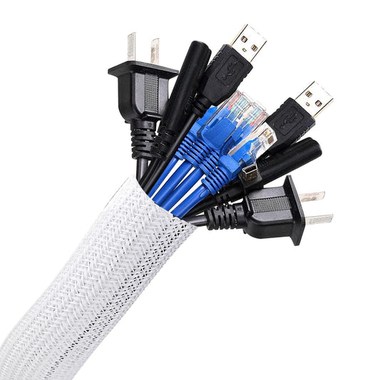 AGPTEK 2m Kabelschlauch, 25-39mm selbstschließend Kabelkanal, Flexibler gewebter Kabelmantel, Kabelmanagement für Schreibtisch, TV, Computer, PC, Kabelschutz für Hund, Katze, Weiß