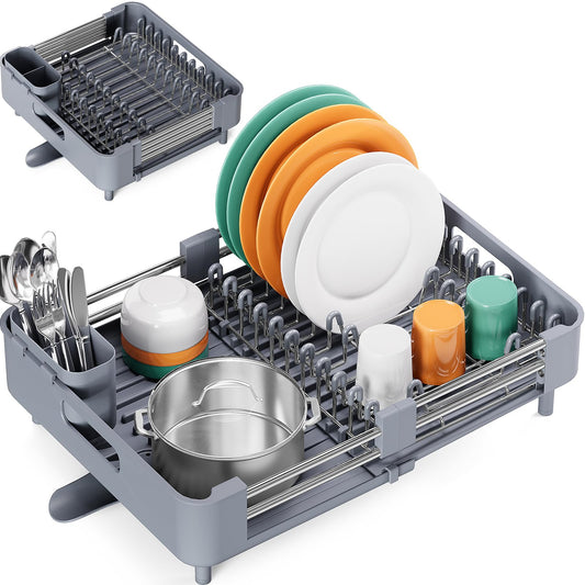 Kingrack Erweiterbares Abtropfgestell Geschirr, Abtropfgestell für Küchentheke, Faltbares Edelstahl Geschirrabtropfgestell mit Abnehmbarem Besteckhalter, Kratzfestem Teller-Gestell, Grau
