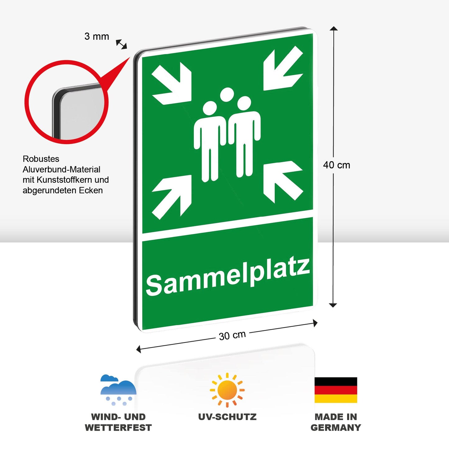 2 Stück XXL Sammelplatz Schild 30 x 40 cm Alu 3mm Alu-Dibond stabile Aluminiumverbundplatte Sammelstelle Sammelpunkt mit UV-Schutz von STROBO