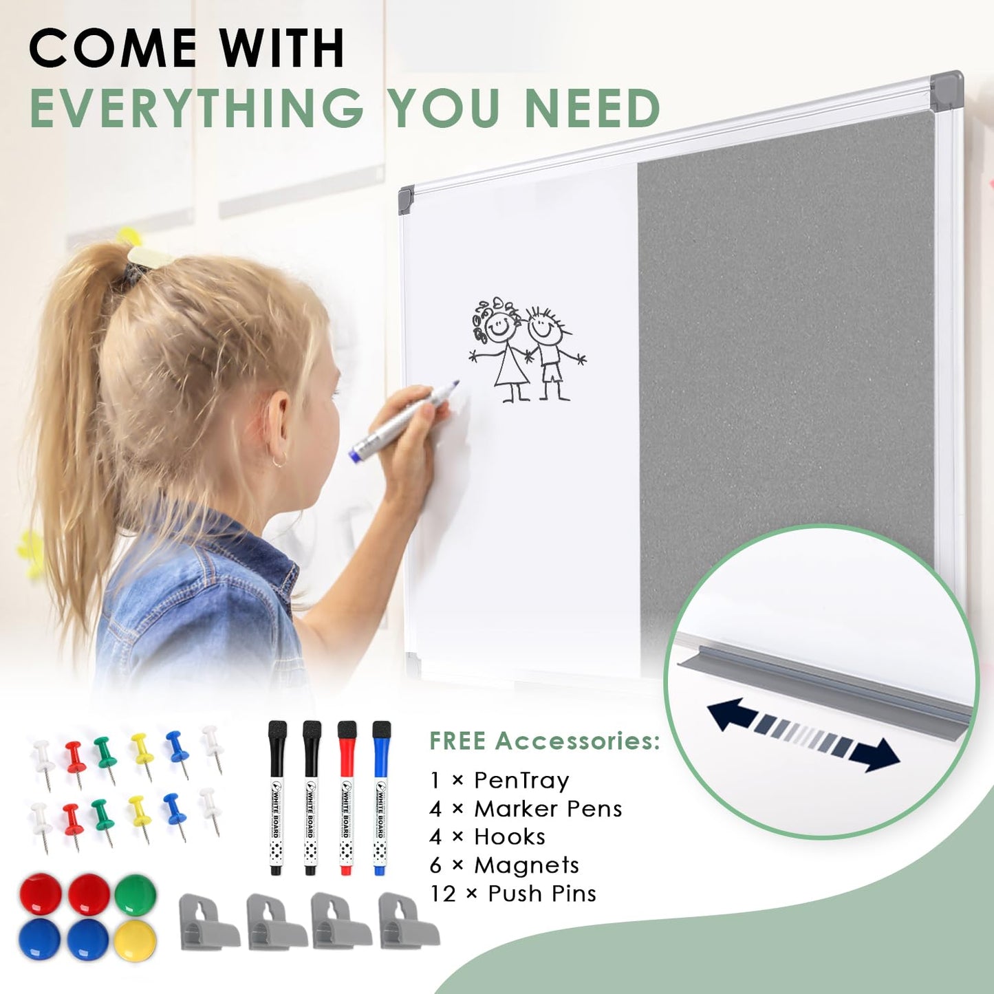 Swansea Whiteboard Magnettafel und Pinnwand Filz mit Aluminiumrahmen für Wohnung, Büro, Küche und Schule, 60X45cm