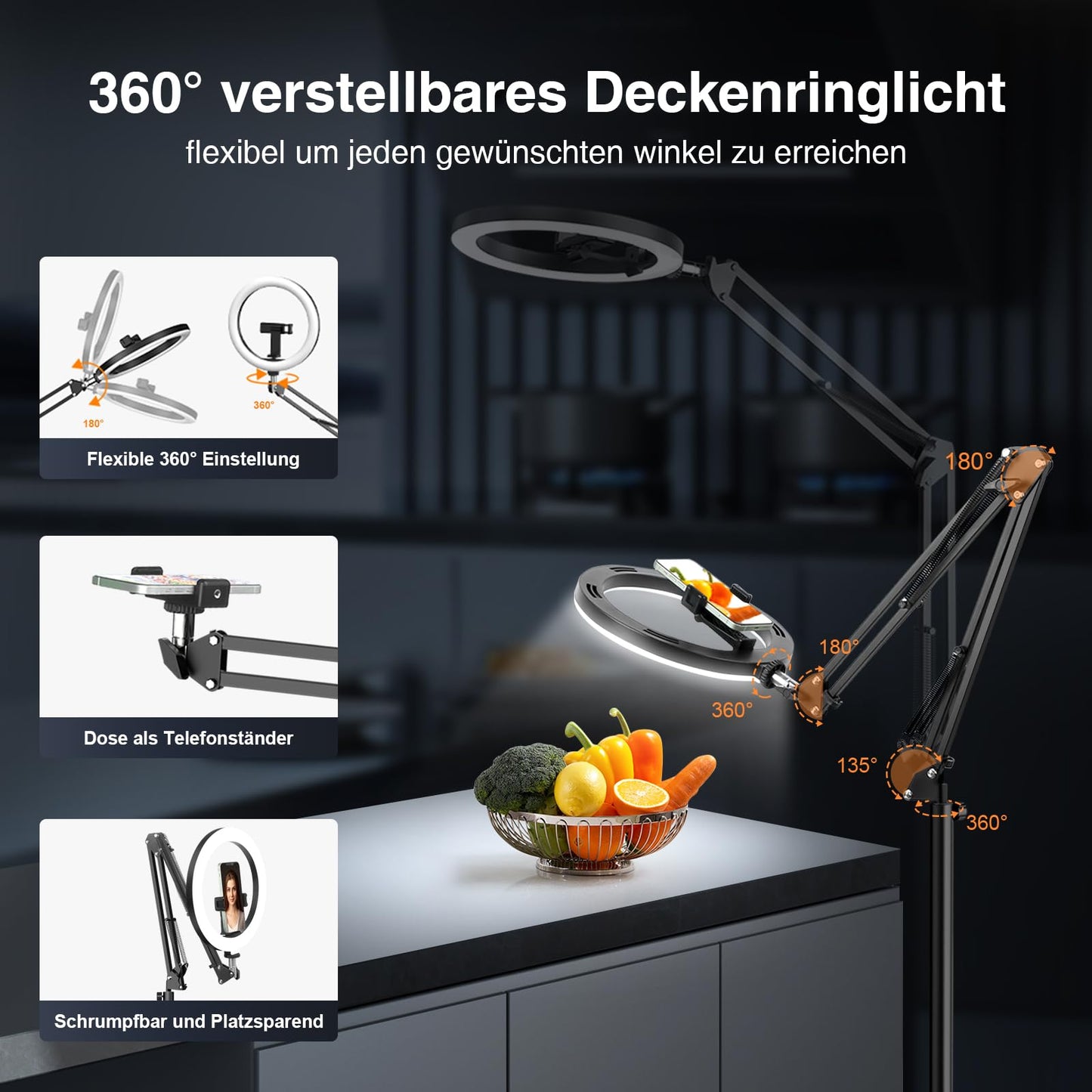 Upgrade Ringlicht Ringleuchte mit Stativ Overhead, Evershop 10” Overhead Handy Stativ mit LED Ringlicht Flexibel Lichtring Ring Light mit Fernbedienung Blitzgeräte für Tiktok YouTube Content Creator