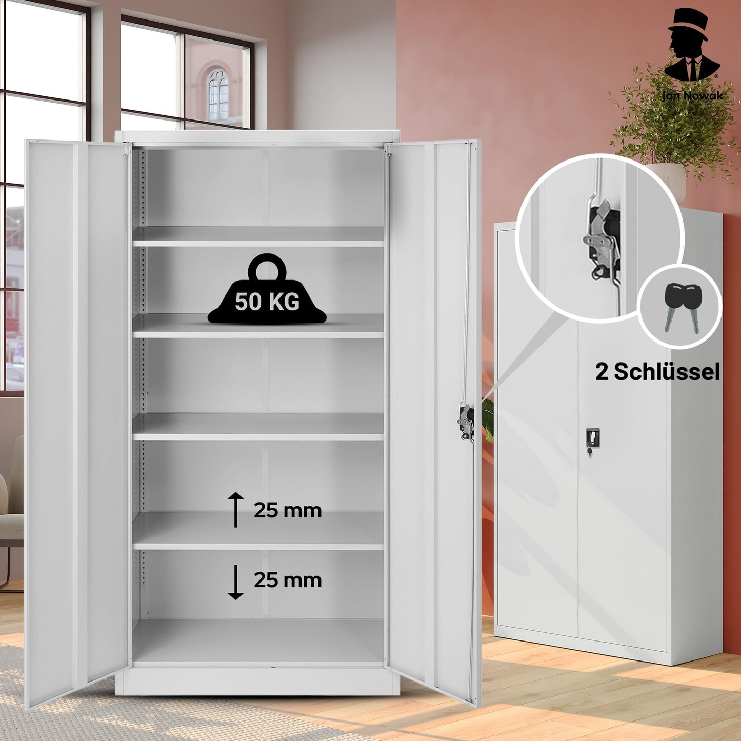 Jan Nowak Metallschrank Jan 185 x 90 x 40 cm - Metall Aktenschrank Abschließbar mit 2 Türen, Mehrzweckschrank mit 5 Ebenen, Büroschrank aus Stahlschrank mit Pulverbeschichtung - Grau